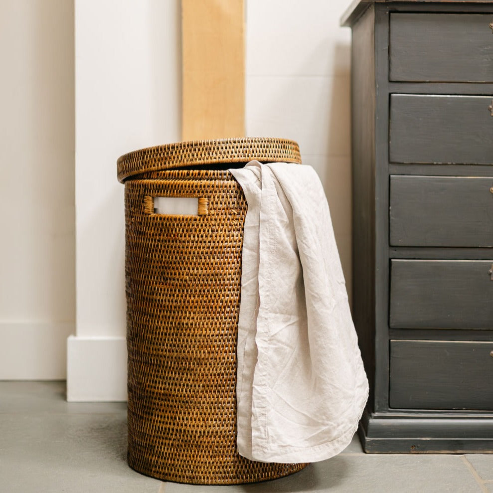 Rattan Laundry Basket With Lid - Cylinder Laundry basket / Hamper with Inset Handles