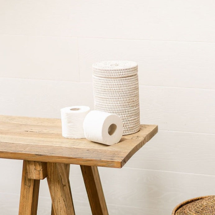 small white rattan toilet roll holder