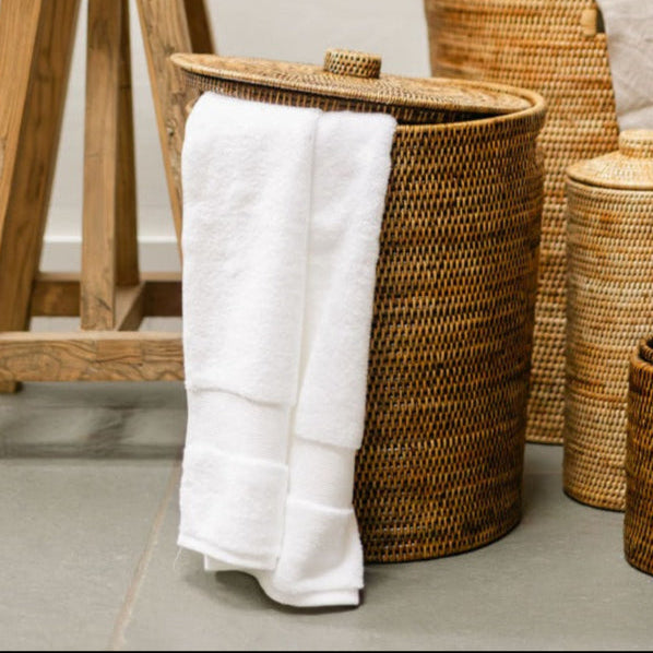Rattan Short Tapered Laundry Basket / Hamper with Lid and Inset Handles