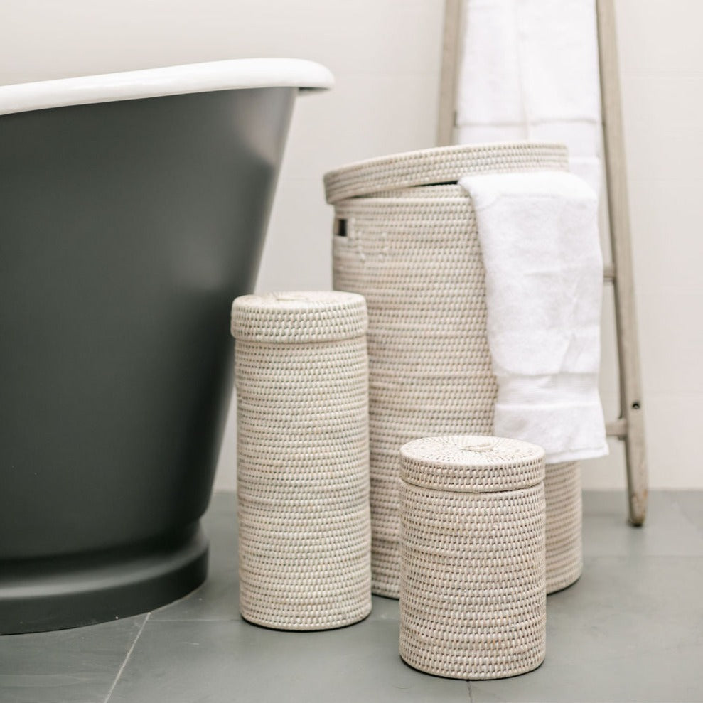 Rattan Laundry Basket With Lid - Cylinder Laundry basket / Hamper with Inset Handles