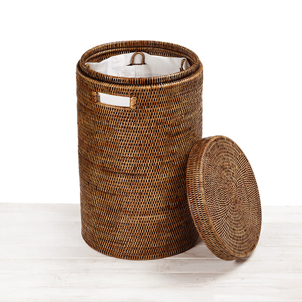 Rattan Laundry Basket With Lid - Cylinder Laundry basket / Hamper with Inset Handles