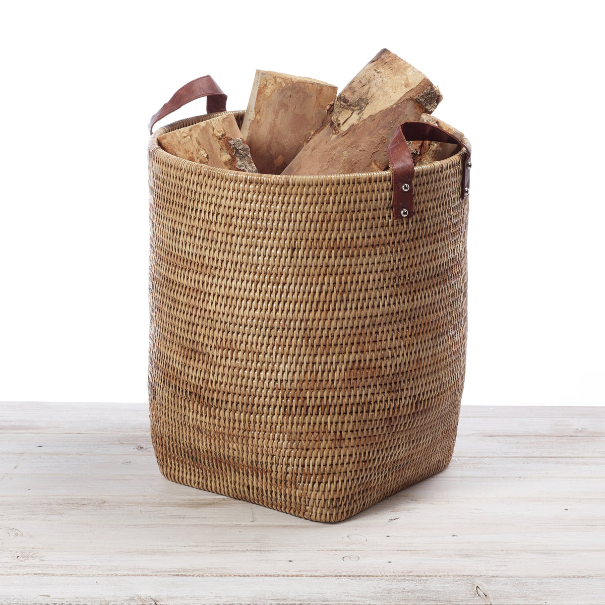 Rattan Tall Storage Basket with Leather Handles/ Log Basket