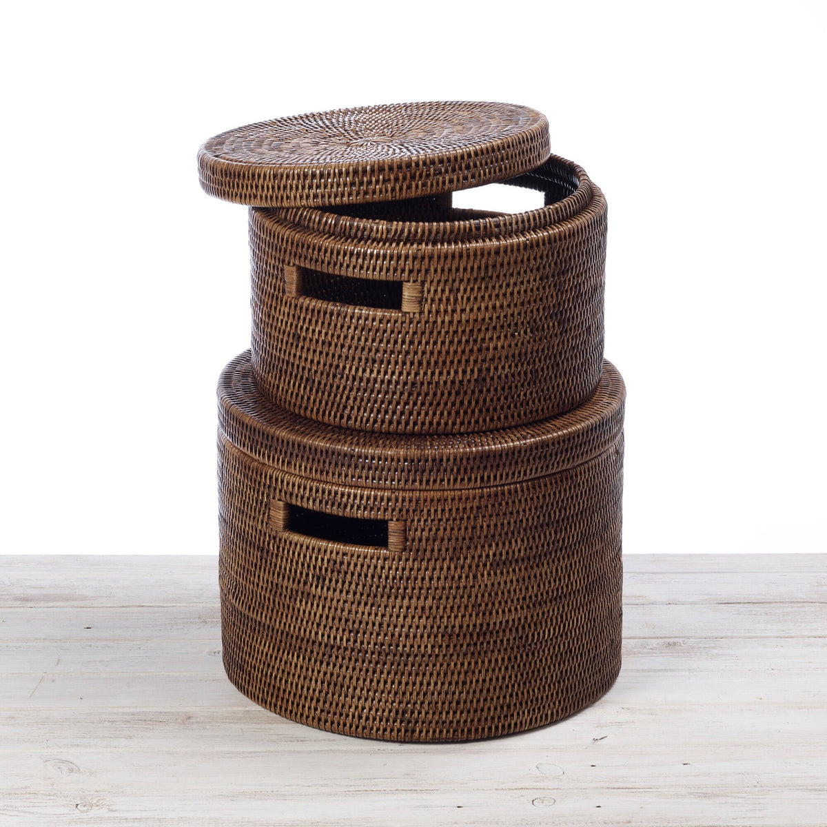 Rattan Lidded Round Storage Box with Inset Handles
