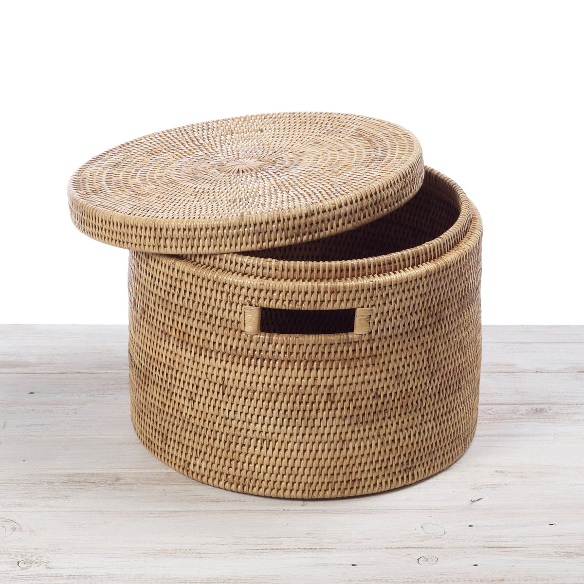 Rattan Lidded Round Storage Box with Inset Handles