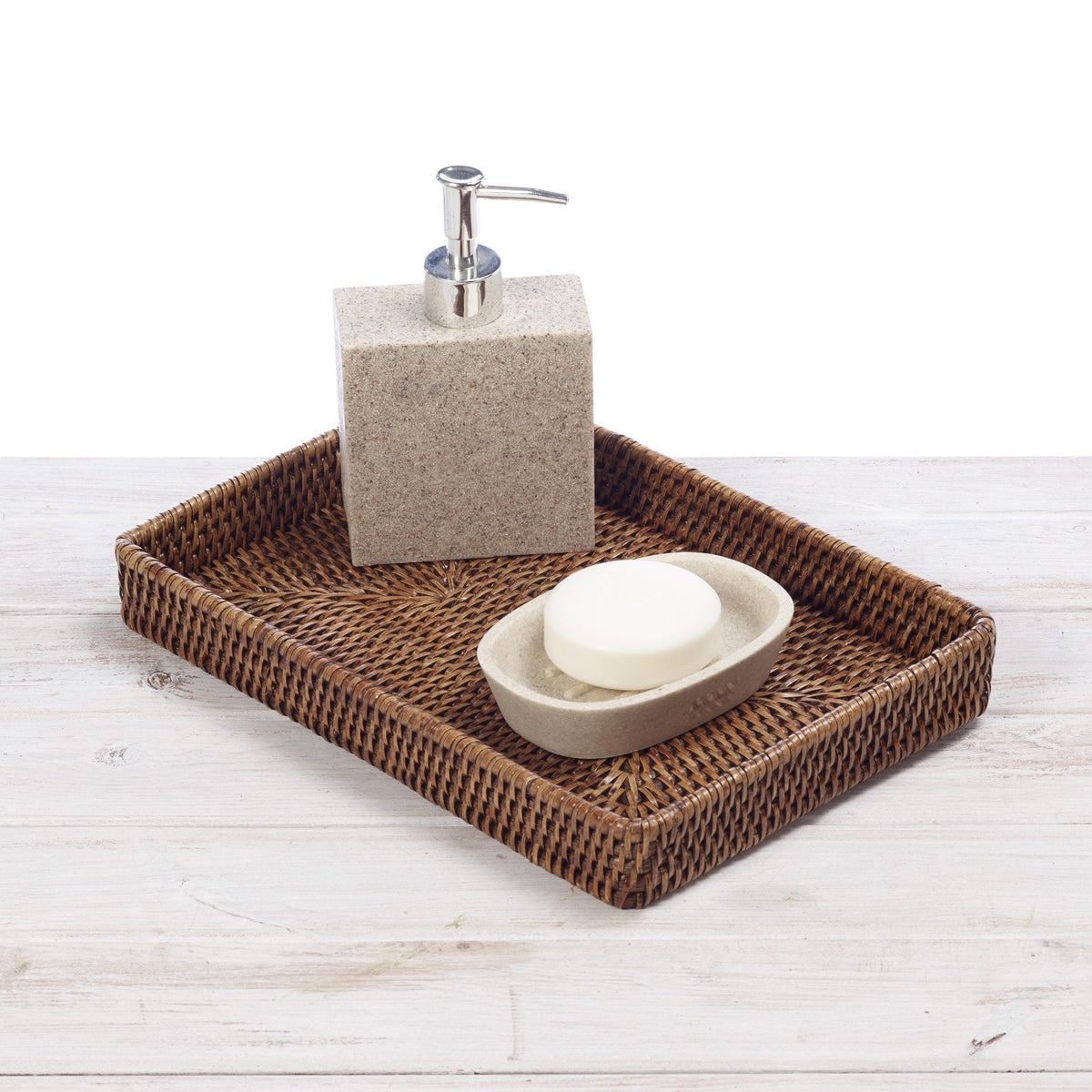 Dark rattan tray bathroom