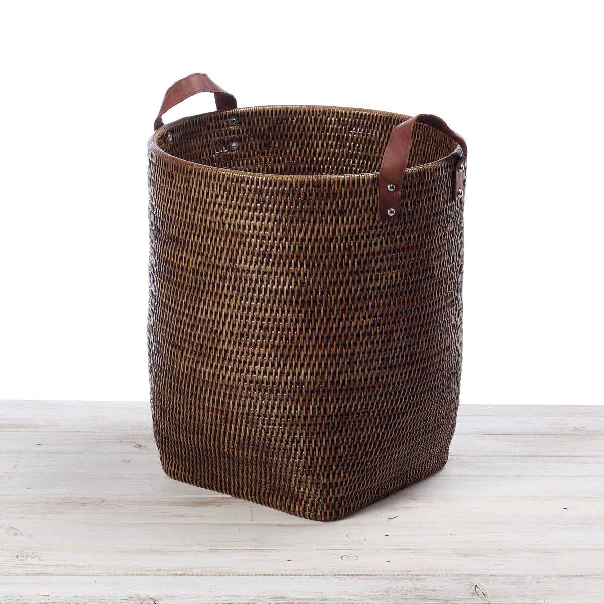 Rattan Tall Storage Basket with Leather Handles/ Log Basket