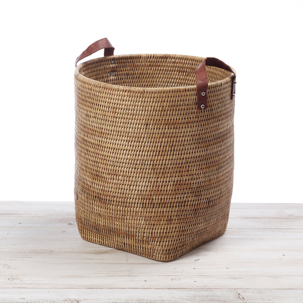 Rattan Tall Storage Basket with Leather Handles/ Log Basket