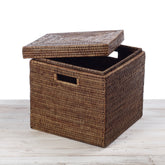 Rattan Lidded Square Storage Box with Inset Handles