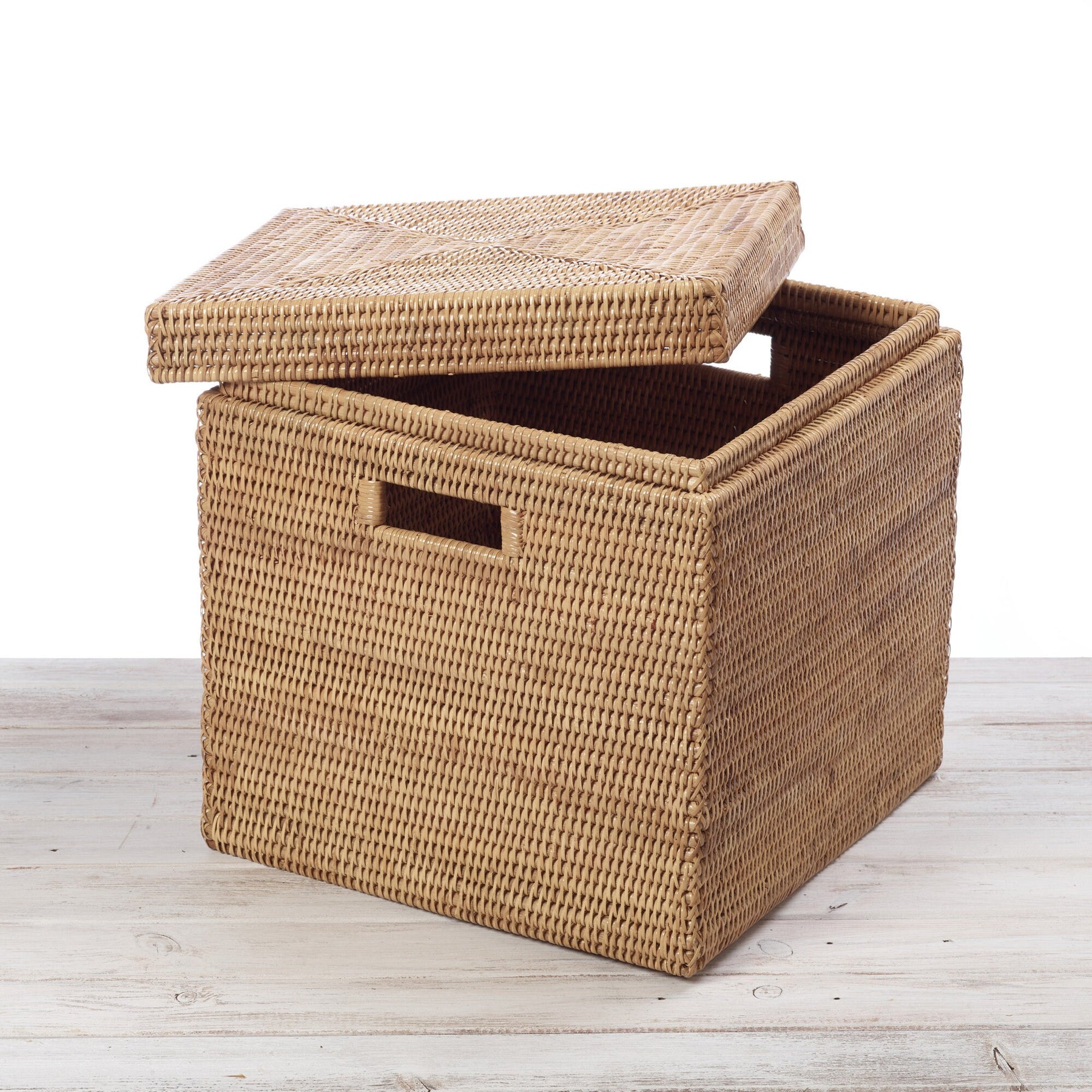 Rattan Lidded Square Storage Box with Inset Handles