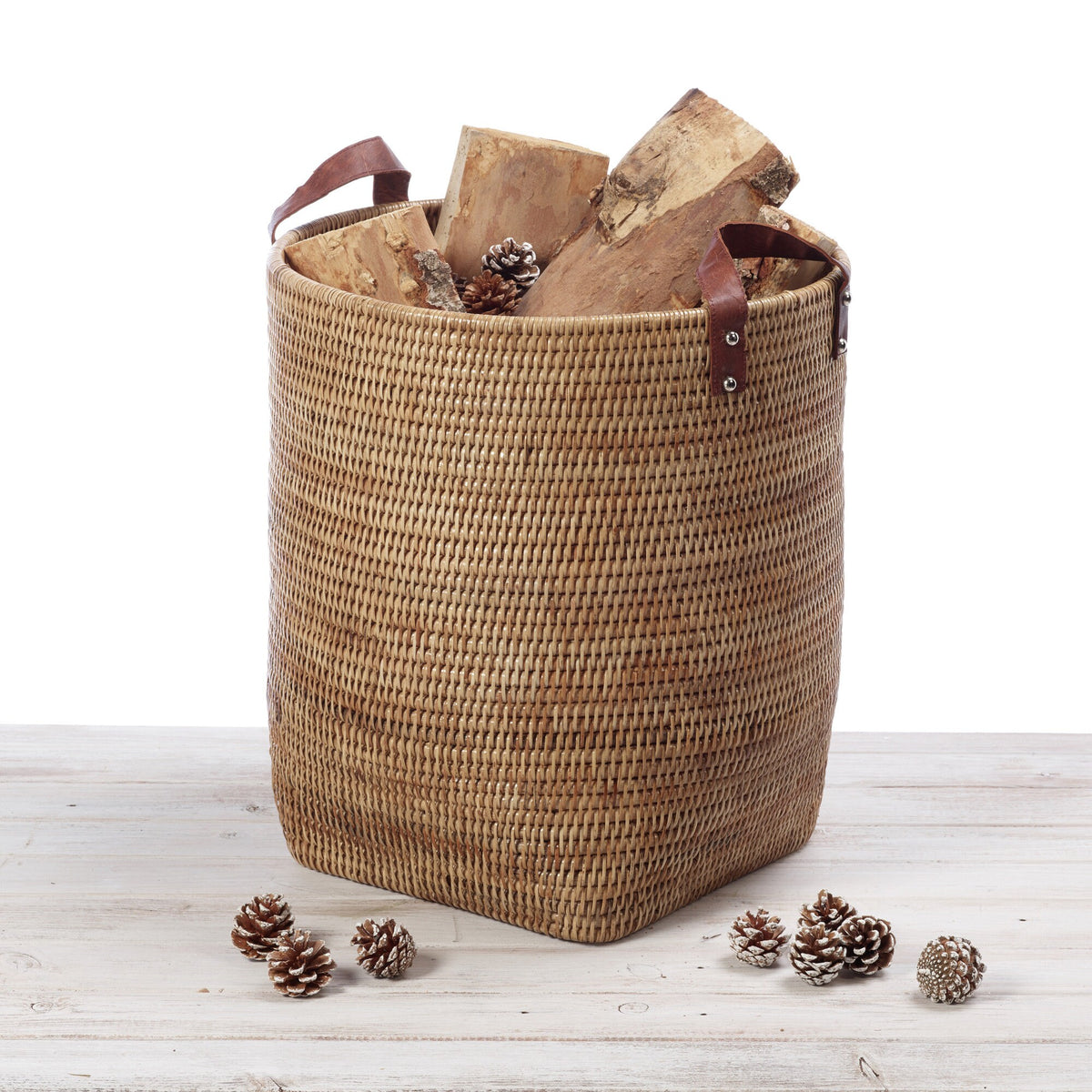 Rattan Tall Storage Basket with Leather Handles/ Log Basket