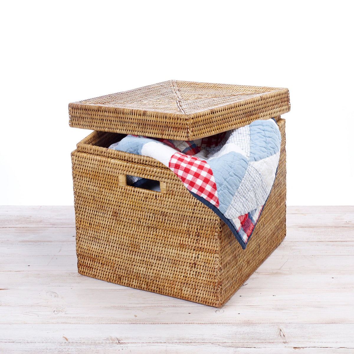 Rattan Lidded Square Storage Box with Inset Handles