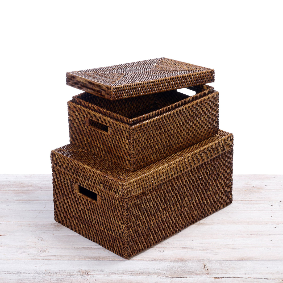 Rattan Lidded Rectangular Storage Box with Inset Handles