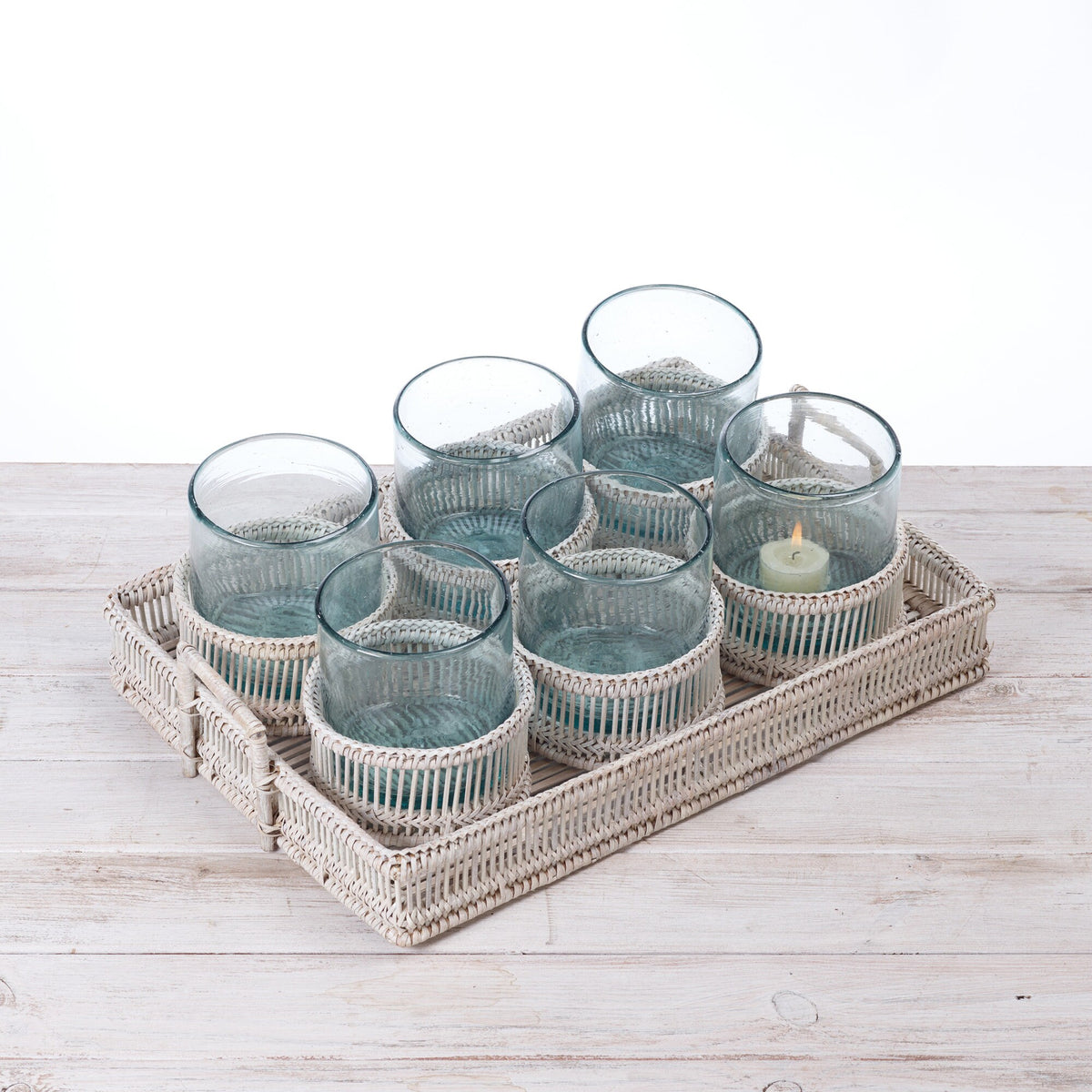Rattan Short Cylindrical Tea Light Holder with Glass