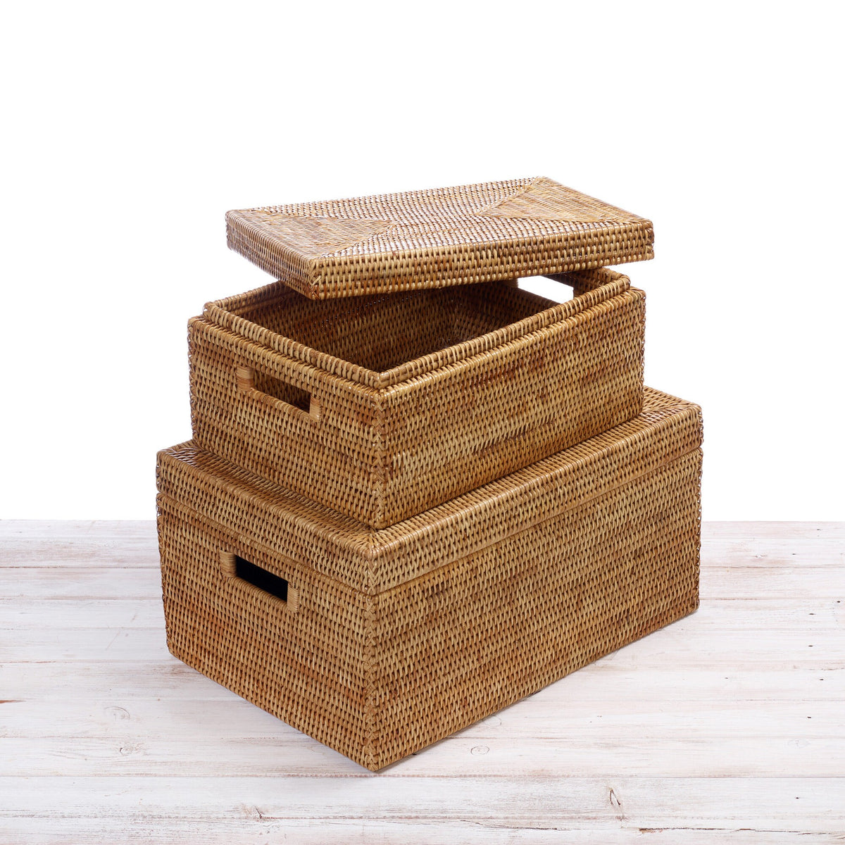 Rattan Lidded Rectangular Storage Box with Inset Handles
