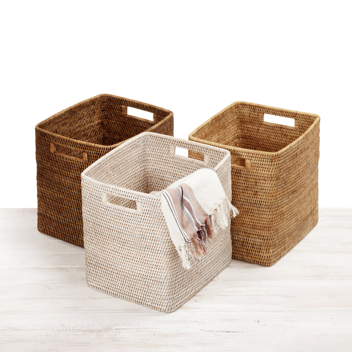 Rattan Tall Rectangular Storage Basket with Inset Handles
