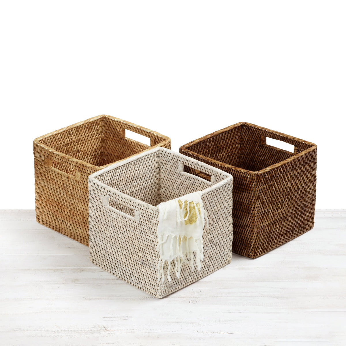 Rattan Standard Square Storage Basket with Inset Handles
