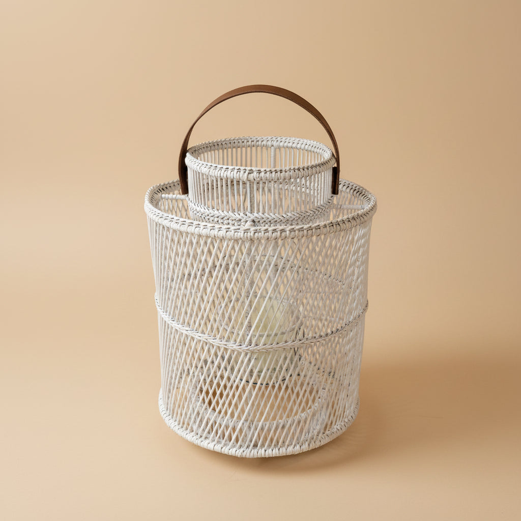 Rattan Lantern with Glass Candle Holder – White -Indoor