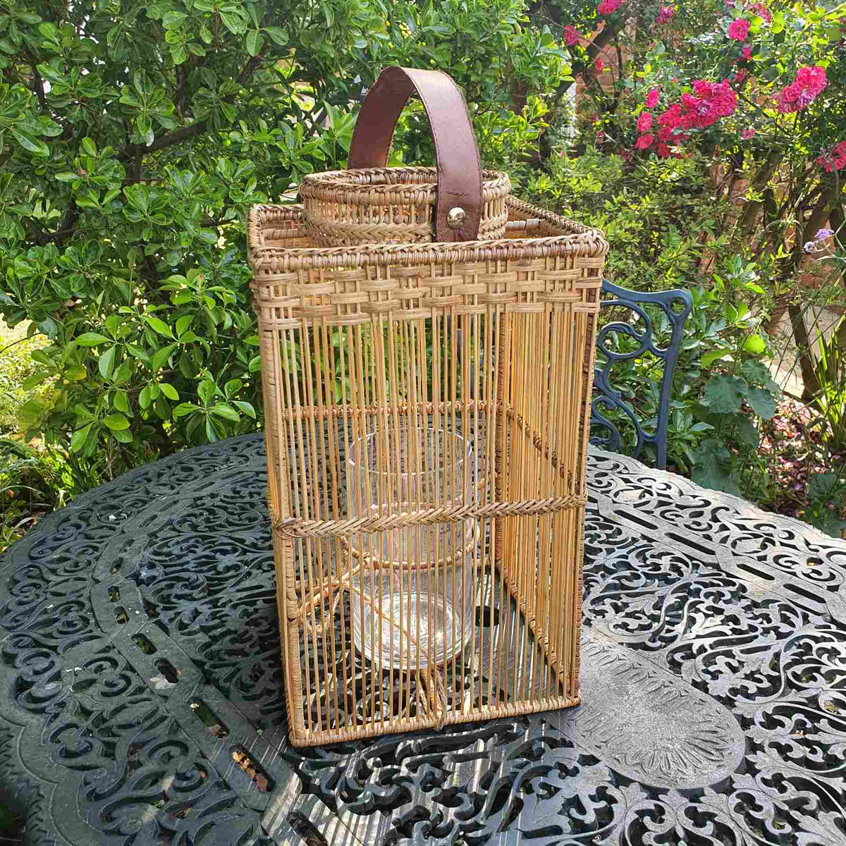 Square Rattan Lantern with Glass Candle Holder