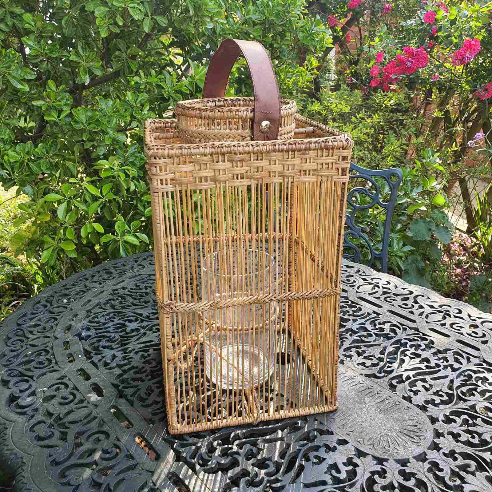 Square Rattan Lantern with Glass Candle Holder