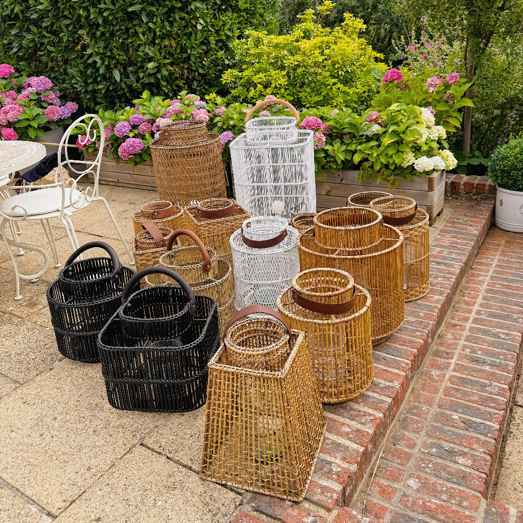 Handwoven Rattan Floor Lantern with Leather Handle – Natural Brown