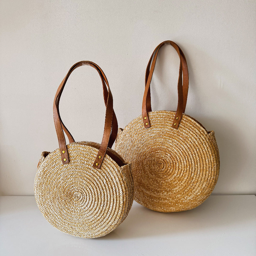 Round Straw Bag with Genuine Leather Handles