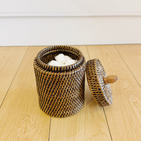 Rattan Small Cylinder Pot with Lid / Cotton Wool Pot
