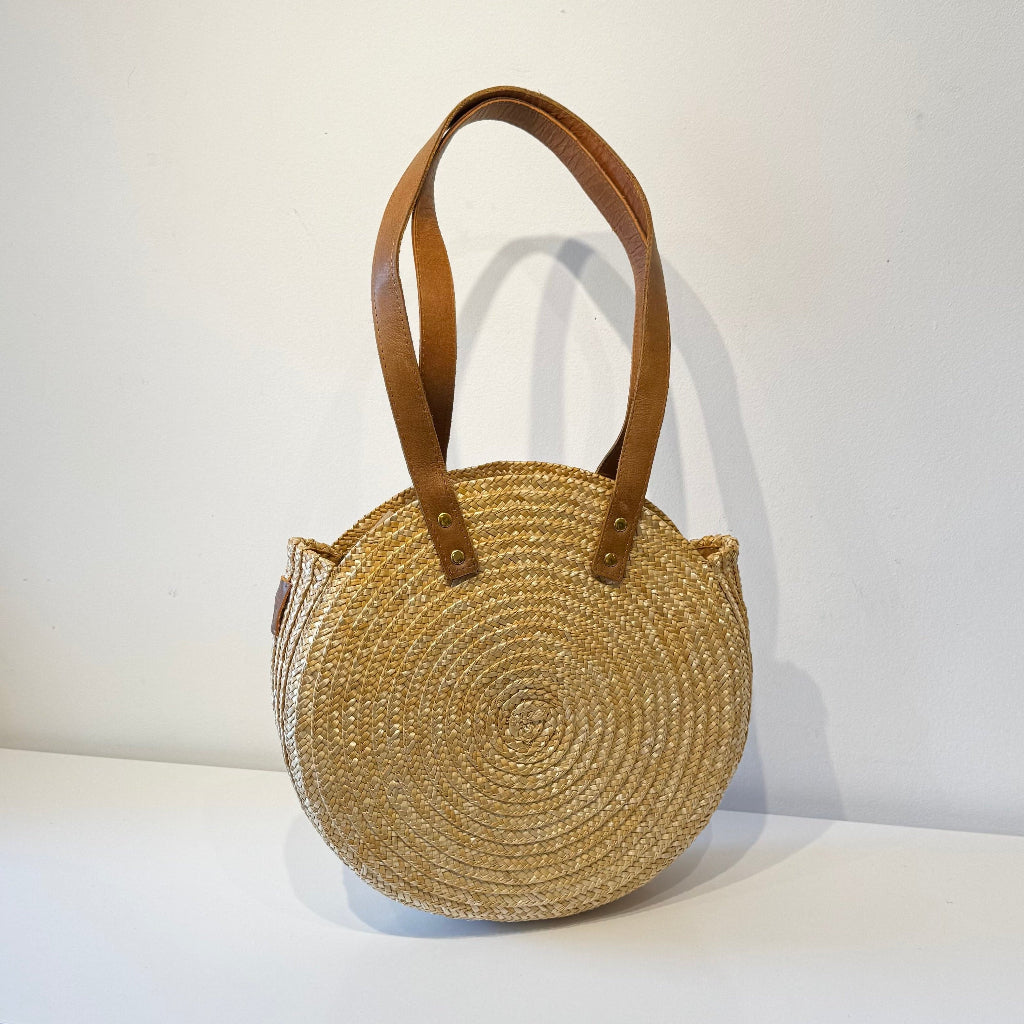 Round Straw Bag with Genuine Leather Handles