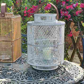 Rattan Lantern with Hurricane Glass Candle Holder – White -Indoor