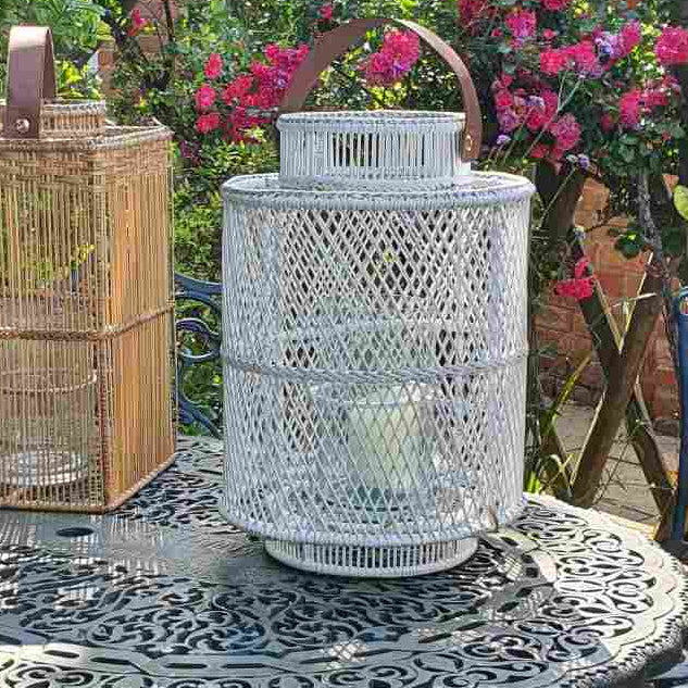 Rattan Lantern with Hurricane Glass Candle Holder – White -Indoor