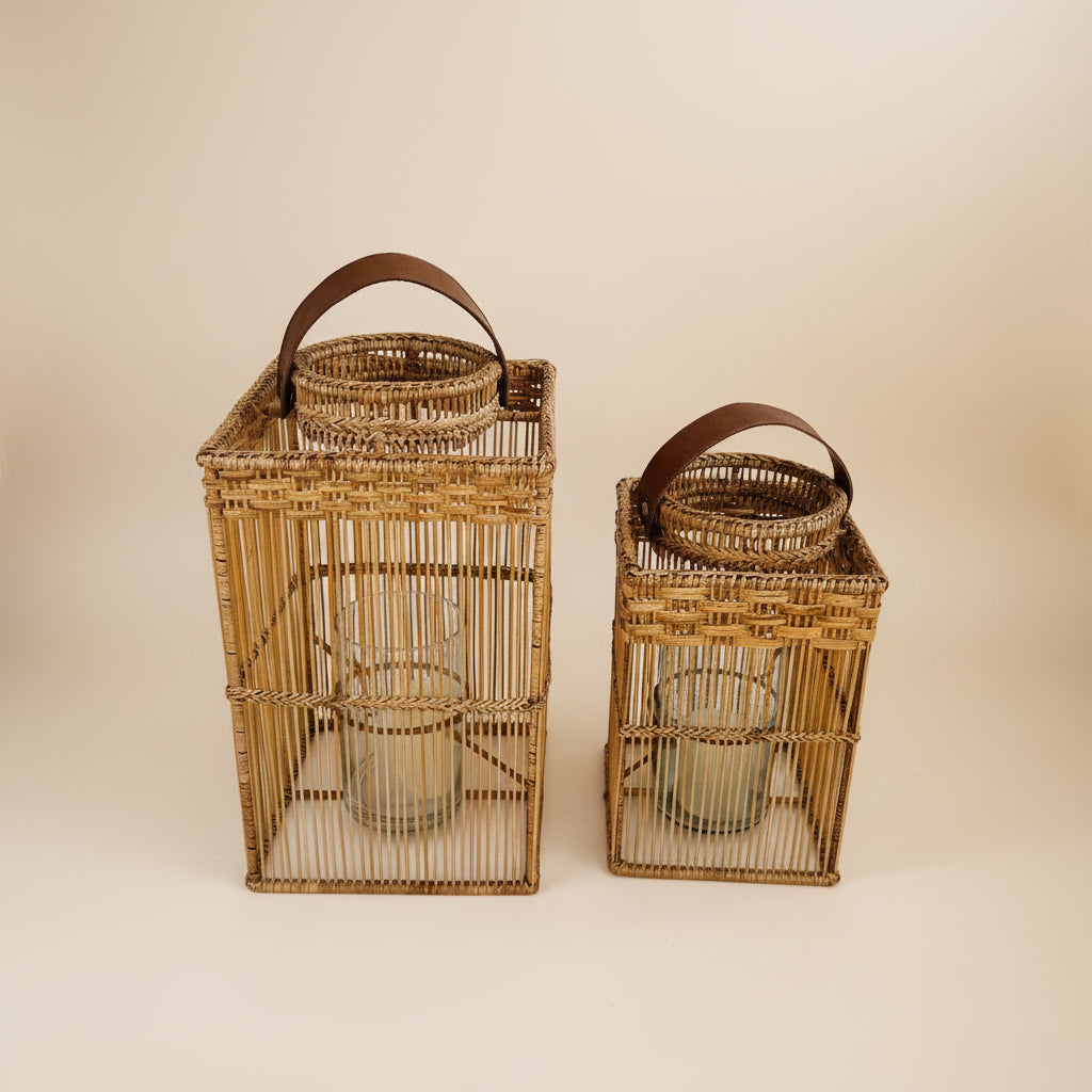 Square Rattan Lantern with Glass Candle Holder