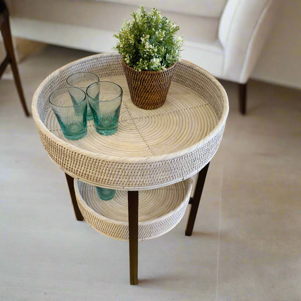 Rattan Two-Tier Coffee & Side Table – Foldable Legs