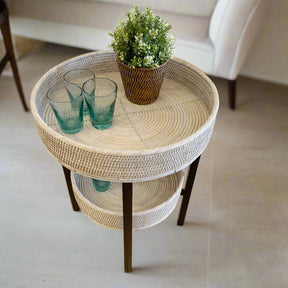 Rattan Two-Tier Coffee & Side Table – Foldable Legs
