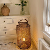 Handwoven Rattan Floor Lantern with Leather Handle – Natural Brown