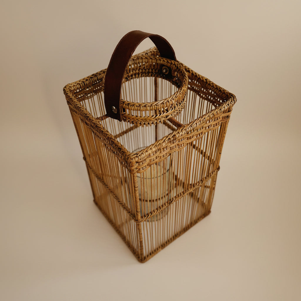 Square Rattan Lantern with Glass Candle Holder