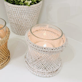 Rattan & Bamboo Cross-Weave Tea Light Holder with Glass Insert