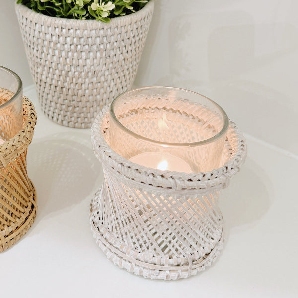 Rattan & Bamboo Cross-Weave Tea Light Holder with Glass Insert
