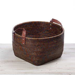 Rattan Standard Storage Basket with Leather Handles