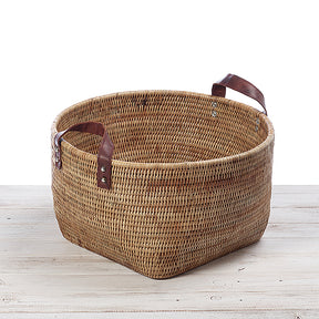 Rattan Standard Storage Basket with Leather Handles