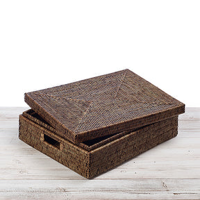 Rattan Lidded Wide Rectangular Storage Box with Insert Handles