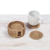 Rattan Round Coasters with Holder (Set of Six)