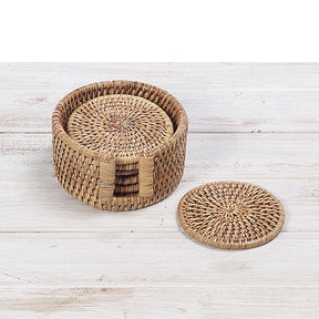 Rattan Round Coasters with Holder (Set of Six)