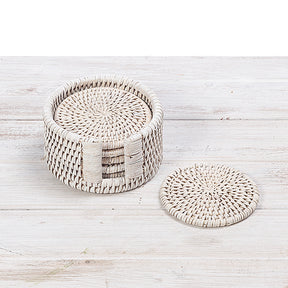 Rattan Round Coasters with Holder (Set of Six)