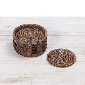 Rattan Round Coasters with Holder (Set of Six)