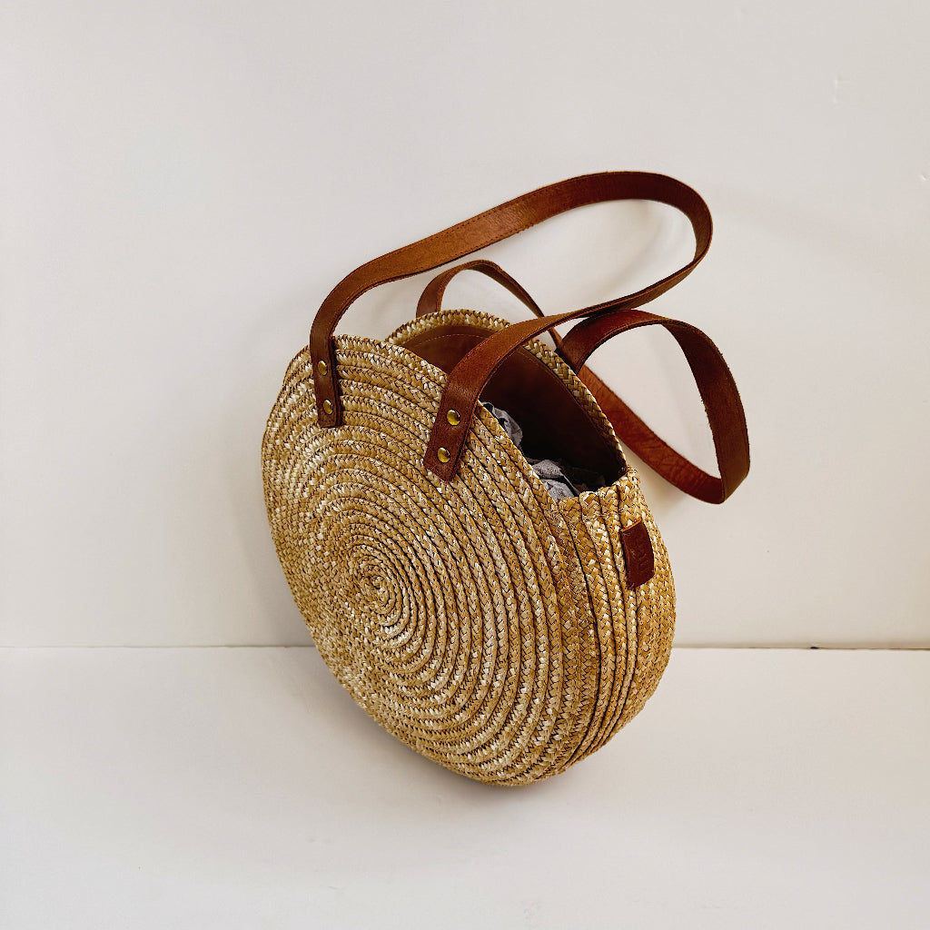 Round Straw Bag with Genuine Leather Handles