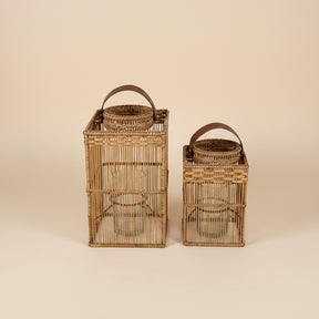 Square Rattan Lantern with Glass Candle Holder