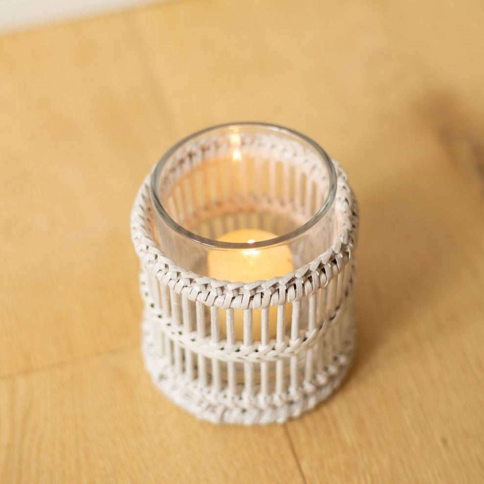 Rattan Cylindrical Tea Light Holder with Glass