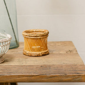 Rattan & Bamboo Cross-Weave Tea Light Holder with Glass Insert