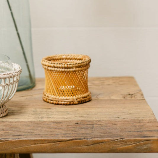 Rattan & Bamboo Cross-Weave Tea Light Holder with Glass Insert