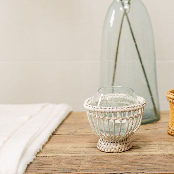 Rattan Spherical Tea Light Holder with Handblown Glass