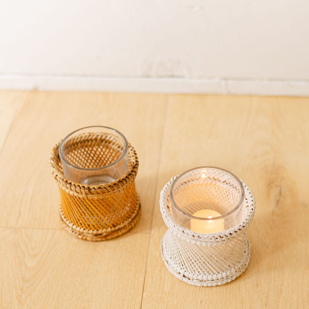 Rattan & Bamboo Cross-Weave Tea Light Holder with Glass Insert